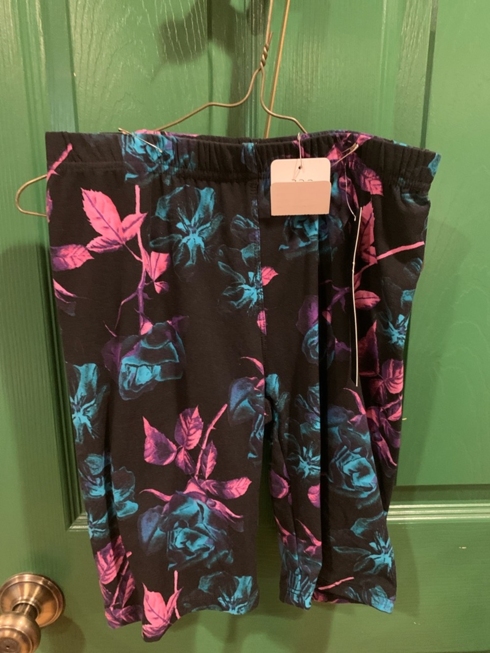 Leggings Depot Women's Black Bike Shorts with Teal & Magenta Floral Print
